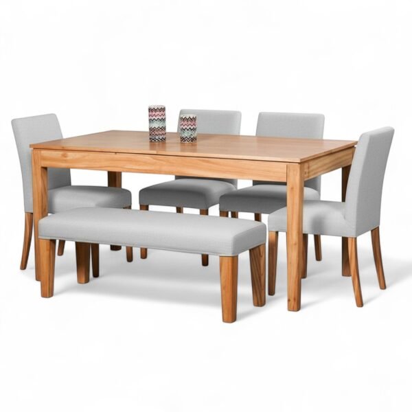 Juego de Comedor de Madera Paraíso – Mesa con Sillas y Banco Tapizado